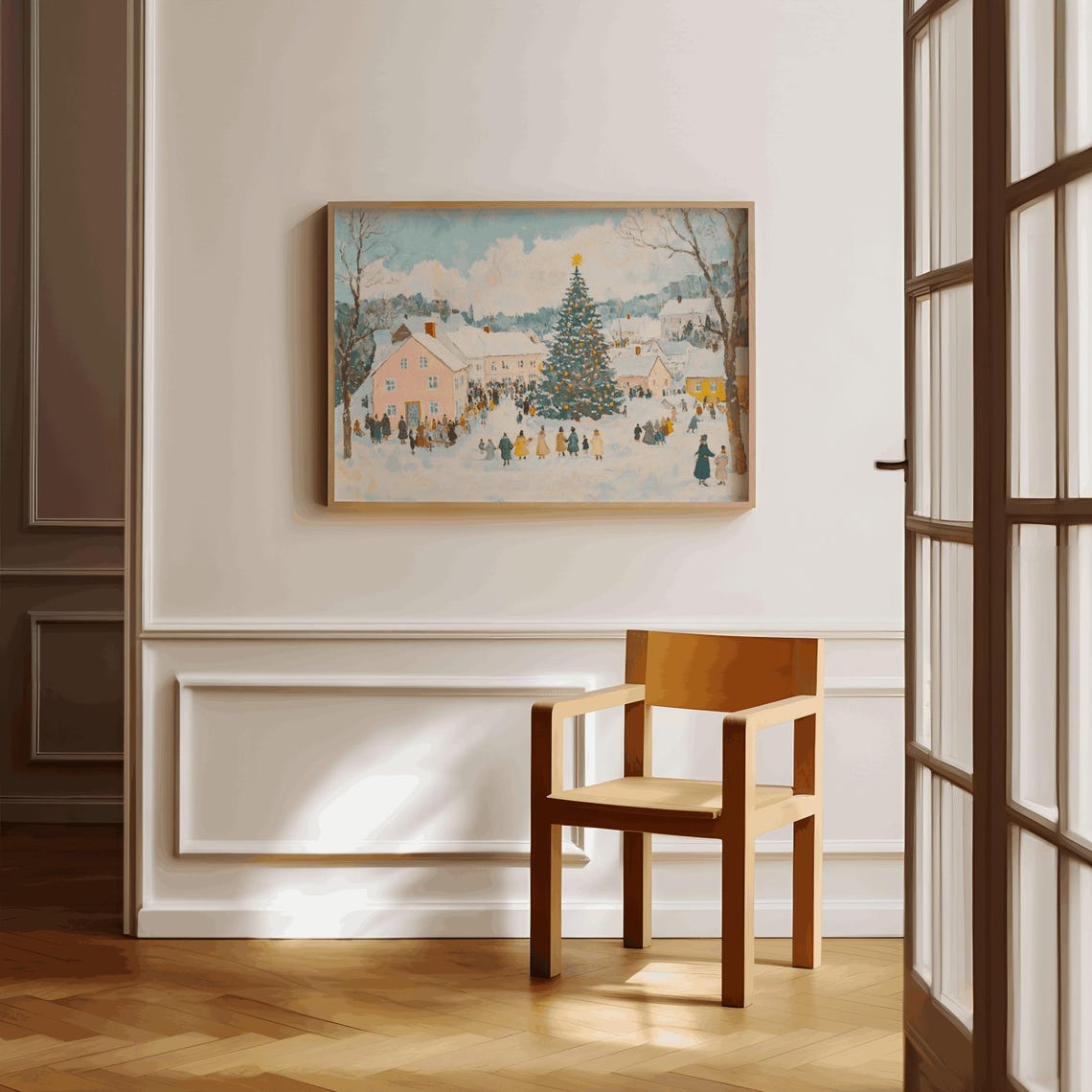 Winter Village Square Christmas Tree Gathering Holiday Scene Poster - Image 3