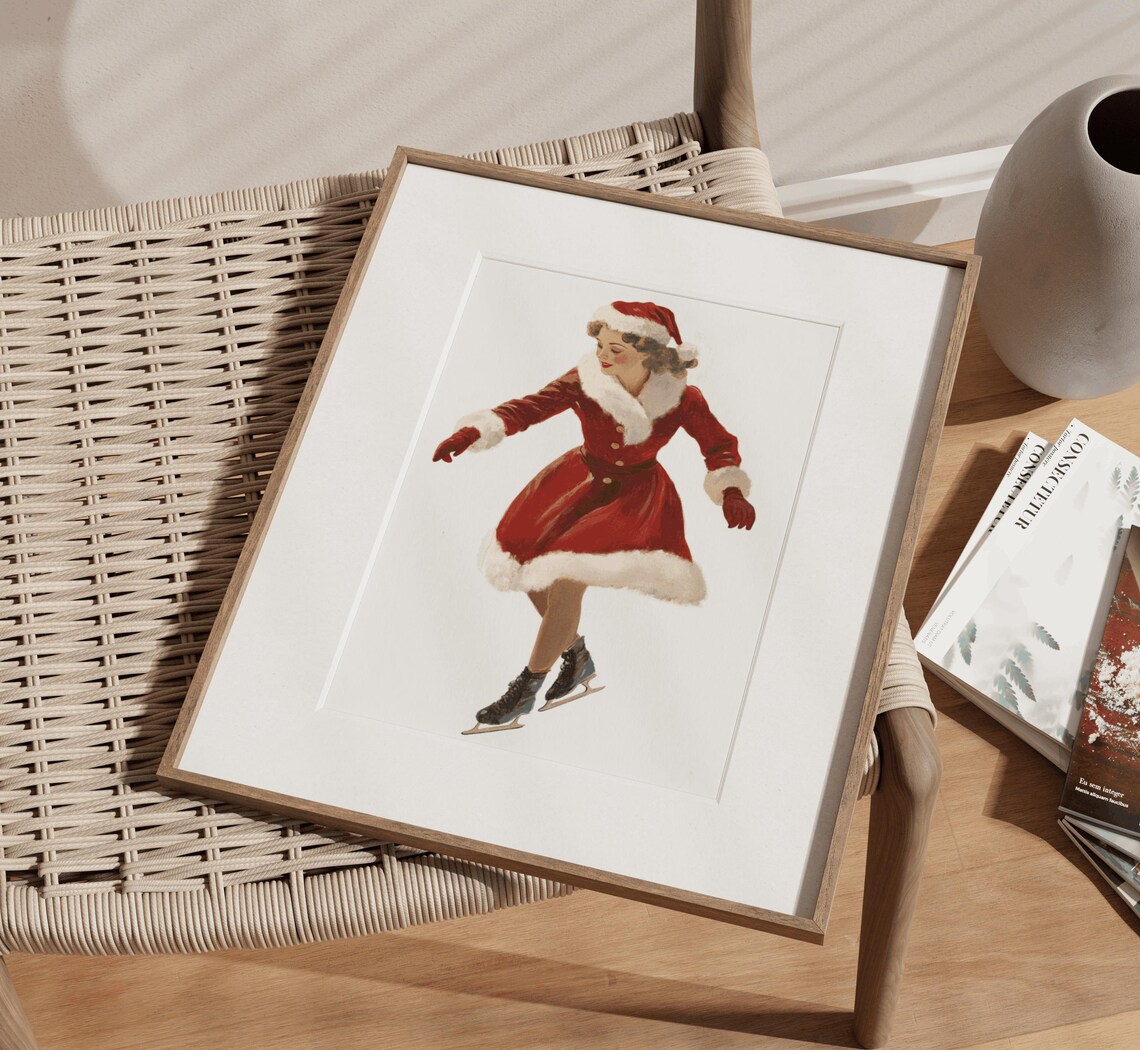 Vintage Christmas Woman Ice Skating Red Santa Dress Retro Poster - Image 2