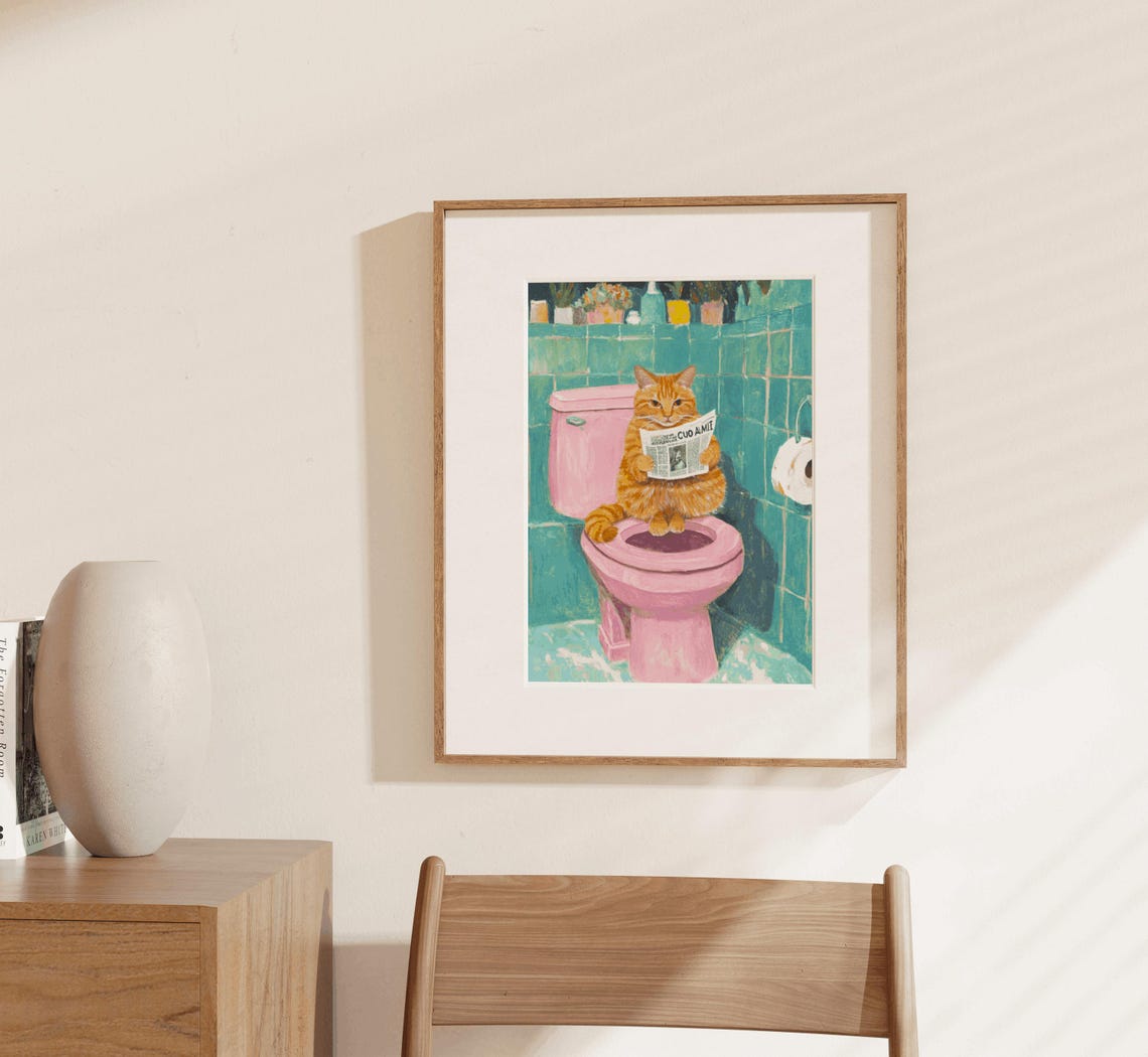 Funny Orange Cat Reading Newspaper on Toilet Bathroom Poster - Image 3