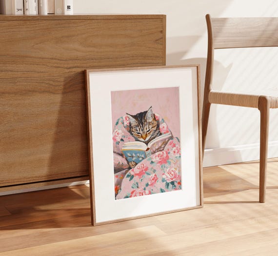 Tabby Cat Book Lover Art Print, Bookworm Decor