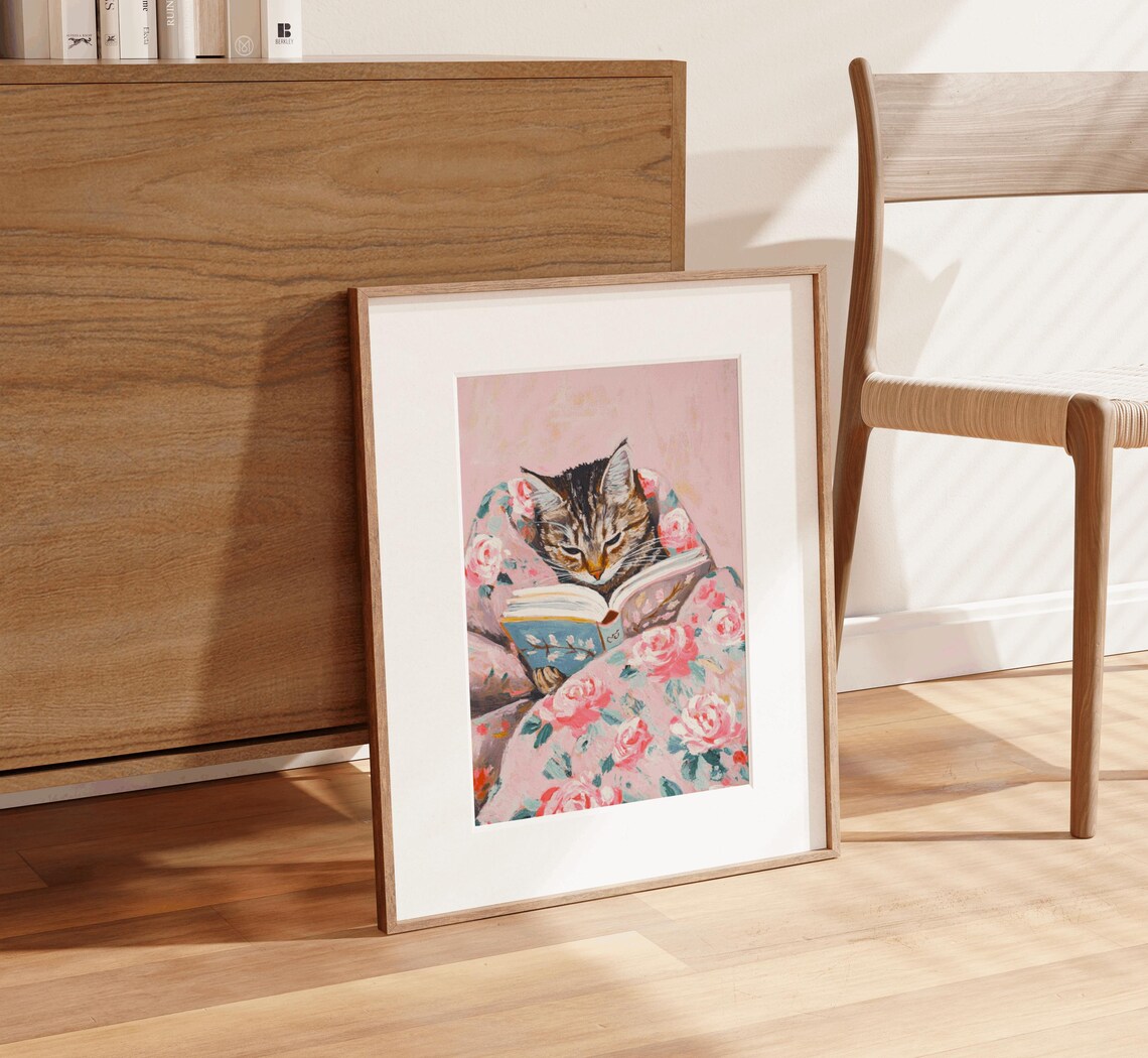 Tabby Cat Book Lover Art Print, Bookworm Decor