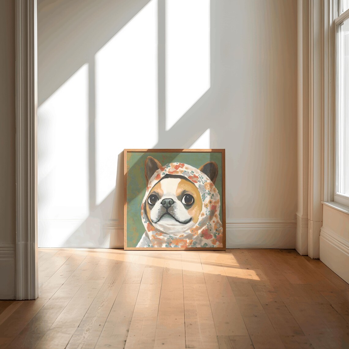 Adorable French Bulldog Puppy Floral Babushka Portrait Poster