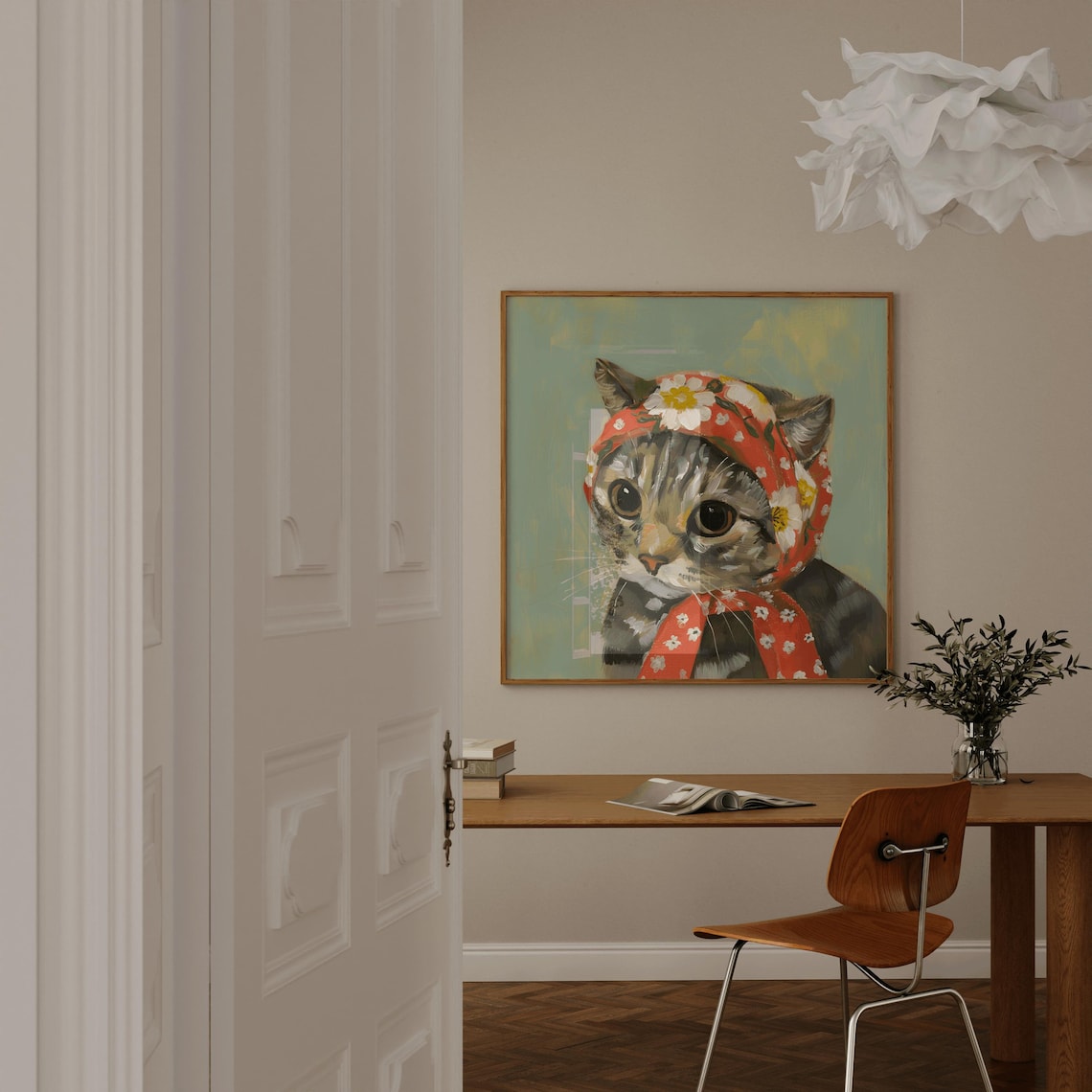 Grey Tabby Babushka Cat, Vintage Farmhouse Art Print - Image 4