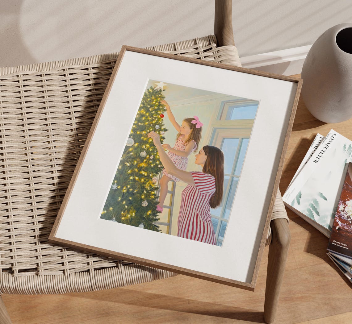 Christmas Winter Mother And Daughter Painting Mother And Daughter Wall Art Mother And Daughter Room Decor Christmas Tree Wall Art - Image 3