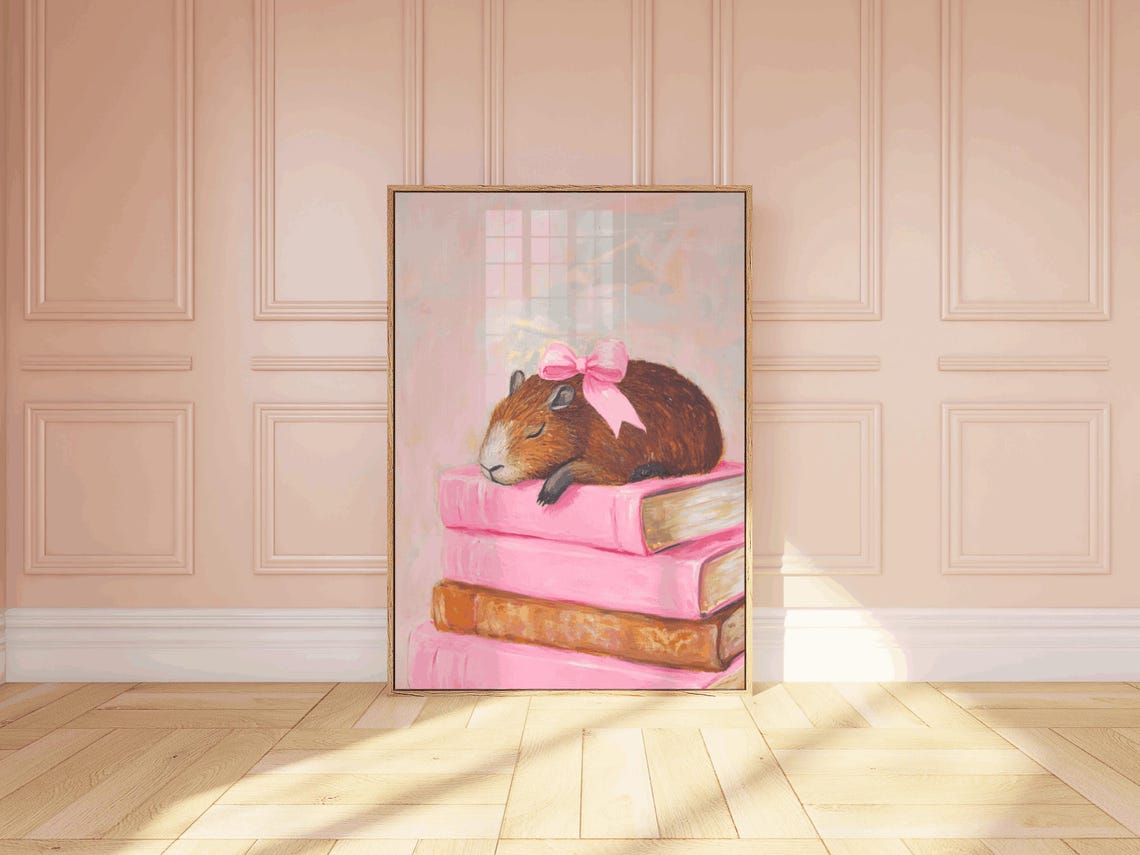 Sweet Sleepy Capybara Pink Book Stack Bow Nursery Reading Poster - Image 3