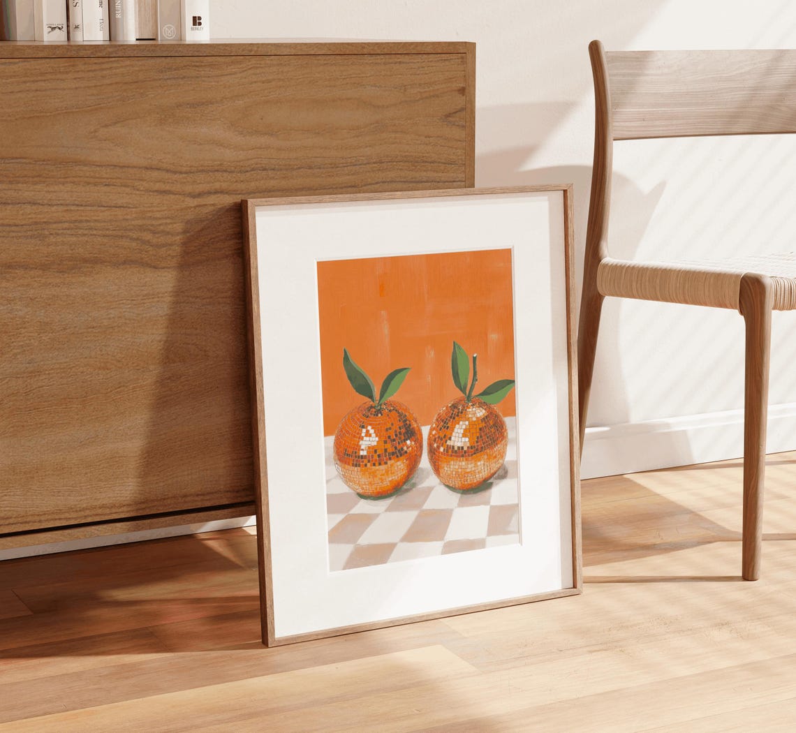 Disco Ball Oranges Checkerboard Funky Trendy Kitchen Art Print