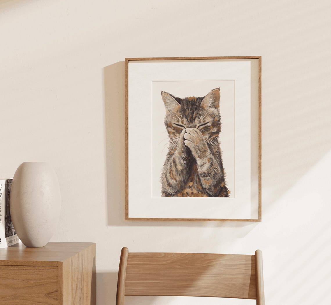 Funny Cat Covering Its Nose Paw Watercolor Bathroom Wall Poster - Image 3