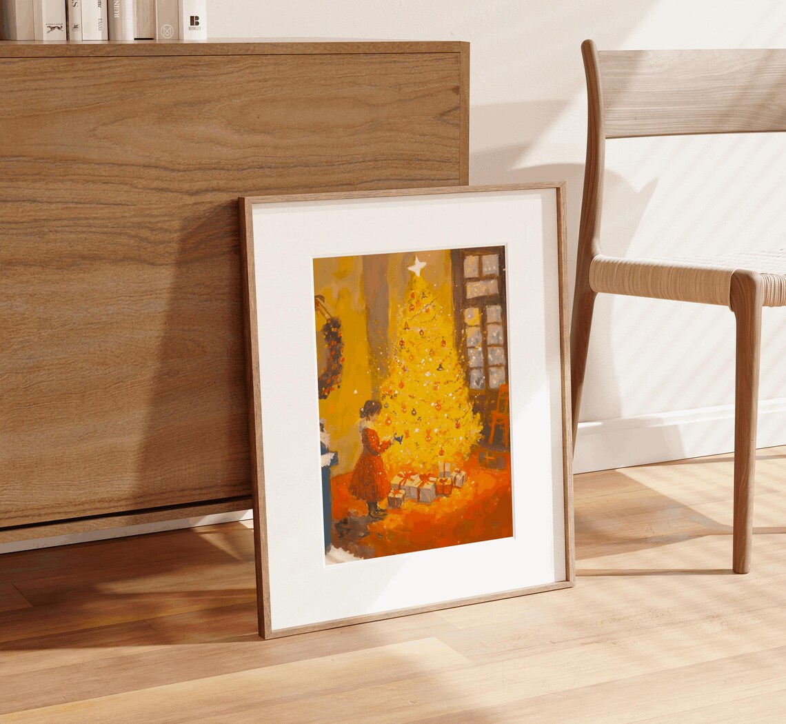 Golden Christmas Tree Girl Red Dress Warm Holiday Painting Poster - Image 2
