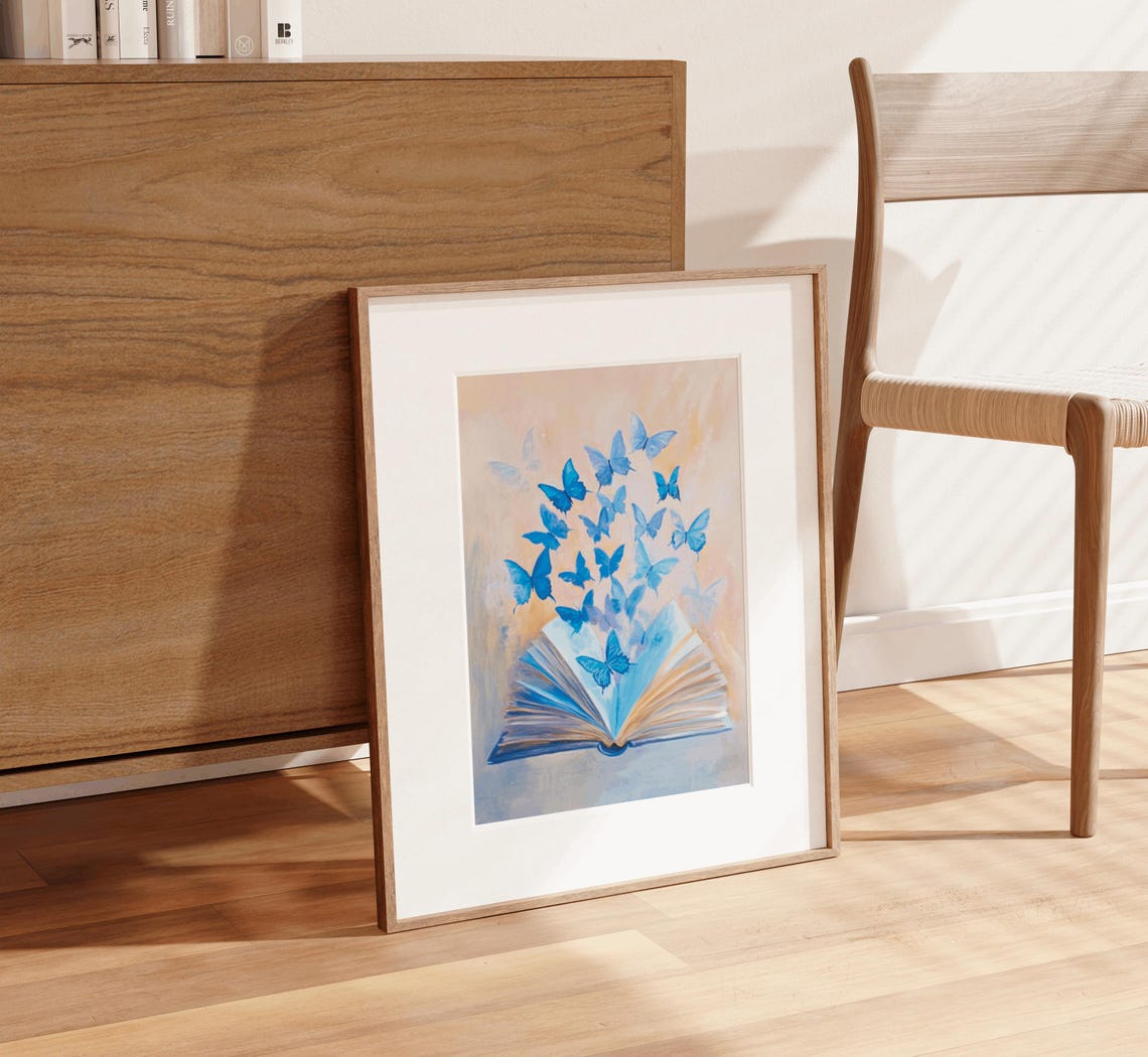 Open Book Blue Butterflies Flying Magic Reading Watercolor Poster - Image 3