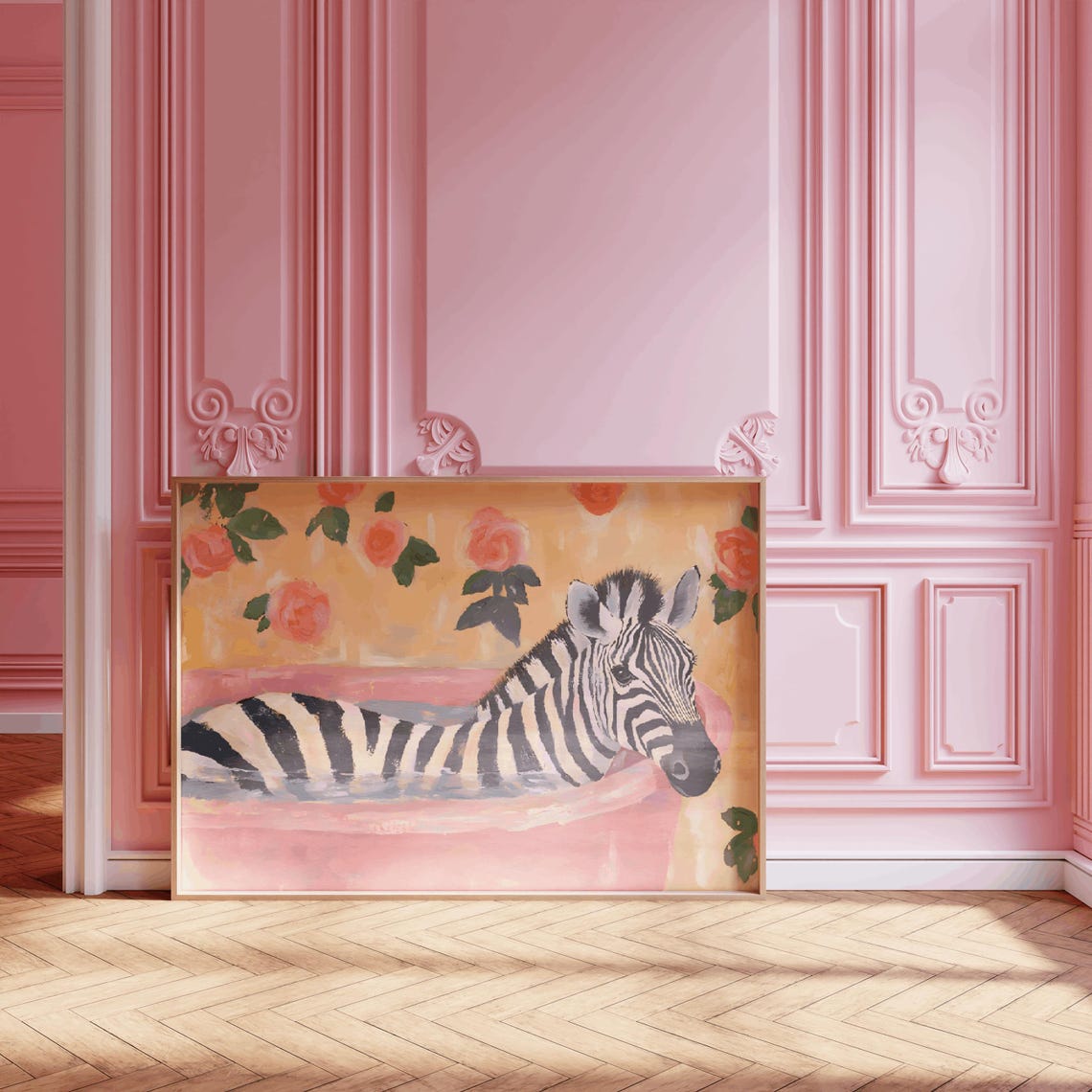 Zebra In Pink Bathtub Painting Floral Maximalist Animal Poster - Image 3