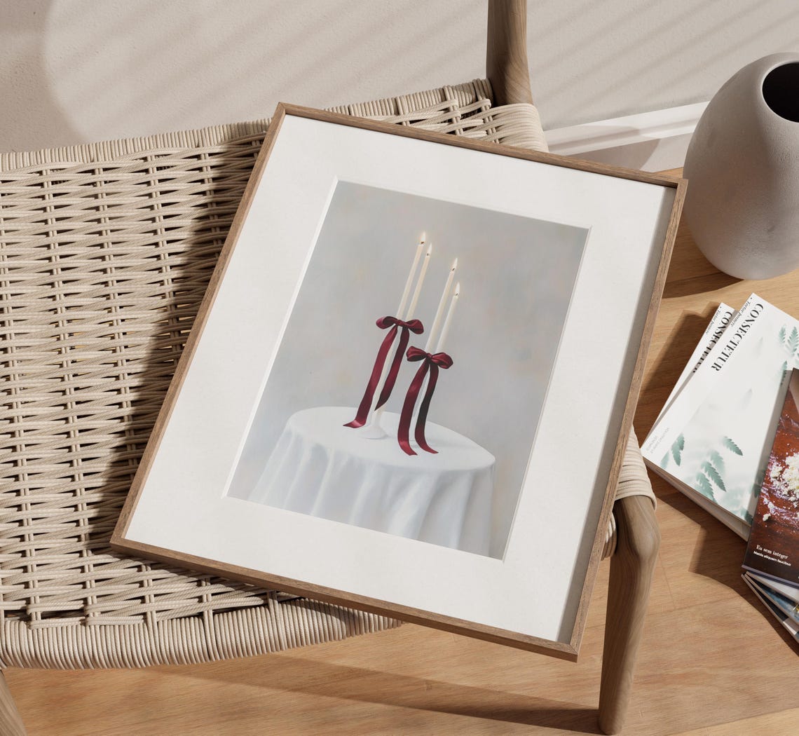White Taper Candles with Burgundy Bows on Minimalist Table Poster - Image 2