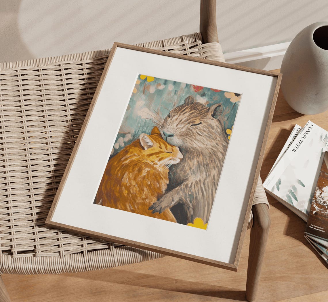 Sweet Capybara Hugging Ginger Cat Friends Floral Painting Poster - Image 3