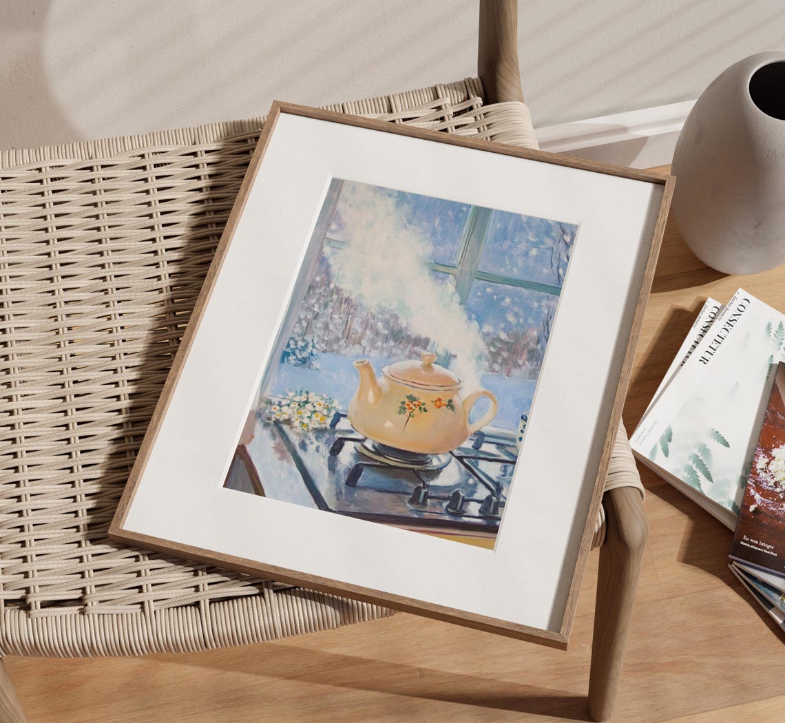Steaming Floral Kettle on Stove by Snowy Winter Window Poster - Image 2