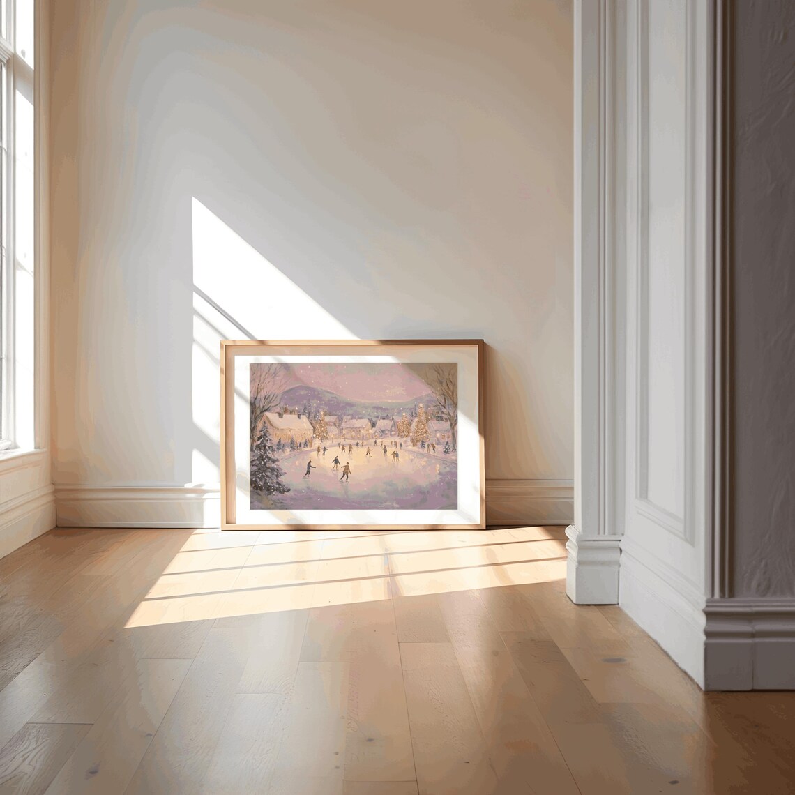 Village Ice Skating Pond Dusk Cottages Winter Painting Poster