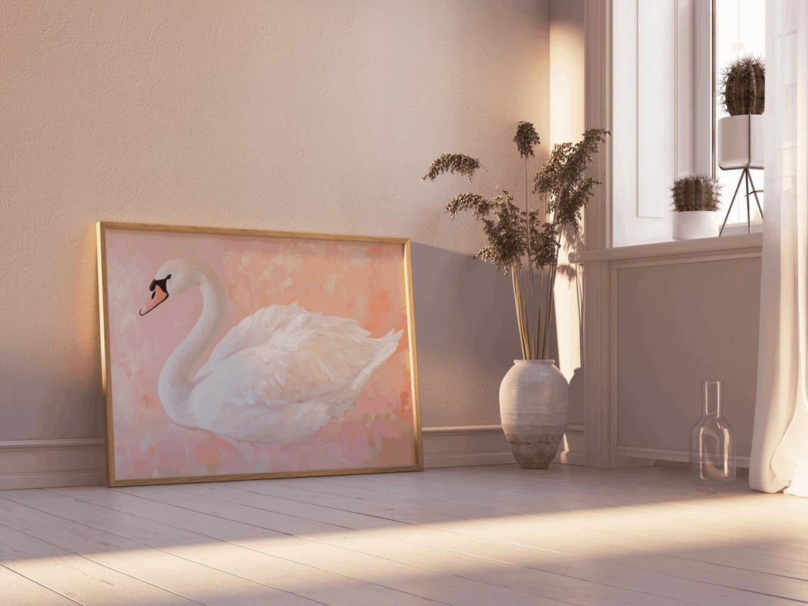 White Swan Blush Pink Graceful Elegant Watercolor Feminine Wall Art