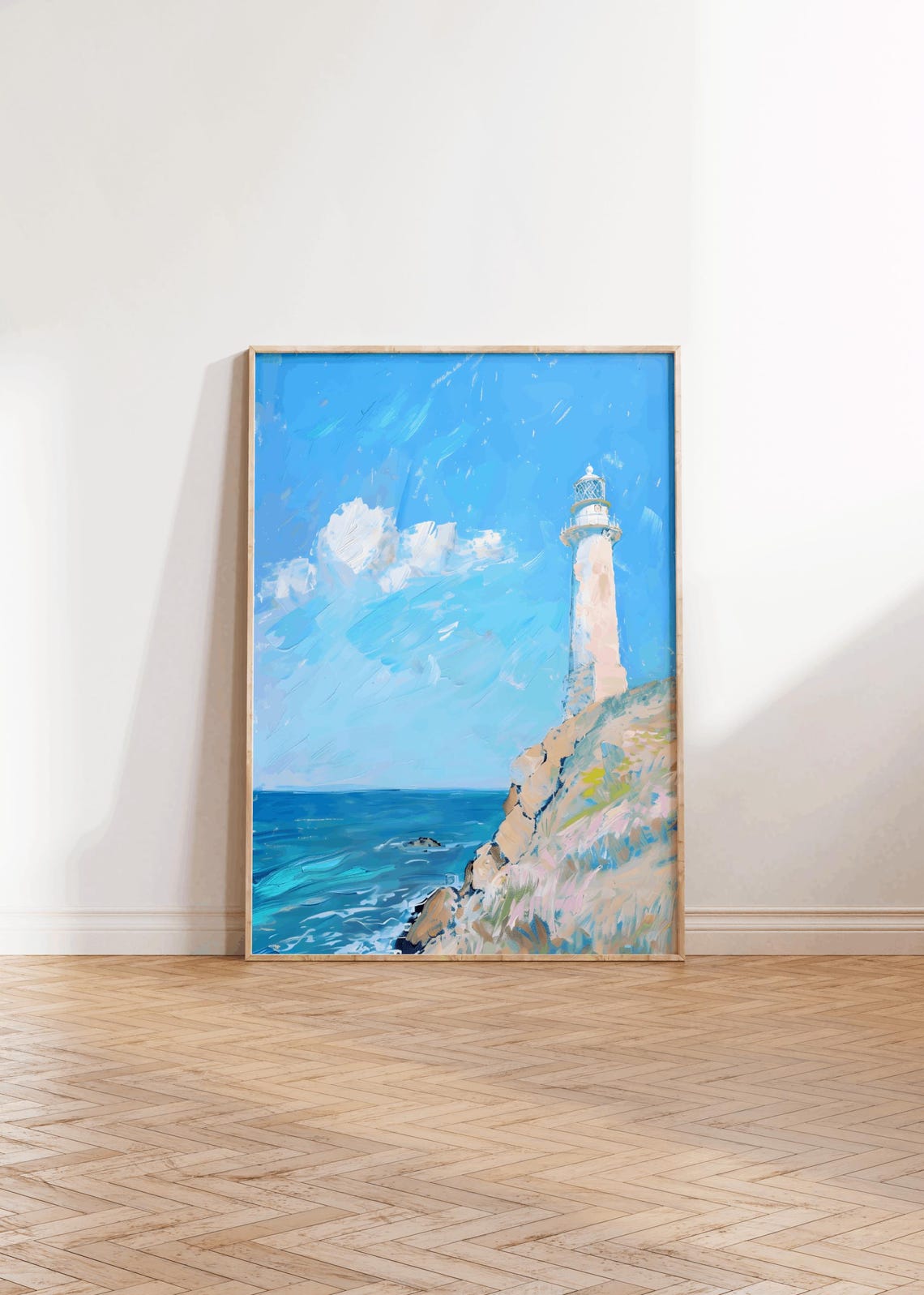 White Lighthouse Standing On Rocky Cliff Above Blue Ocean Poster - Image 2