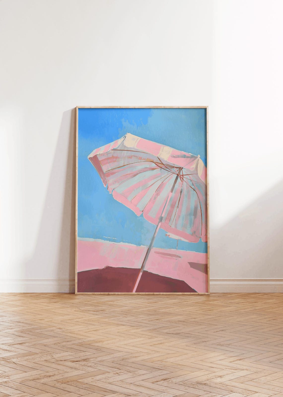Pink Striped Beach Umbrella On A Sunny Beach Blue Sky Poster - Image 3