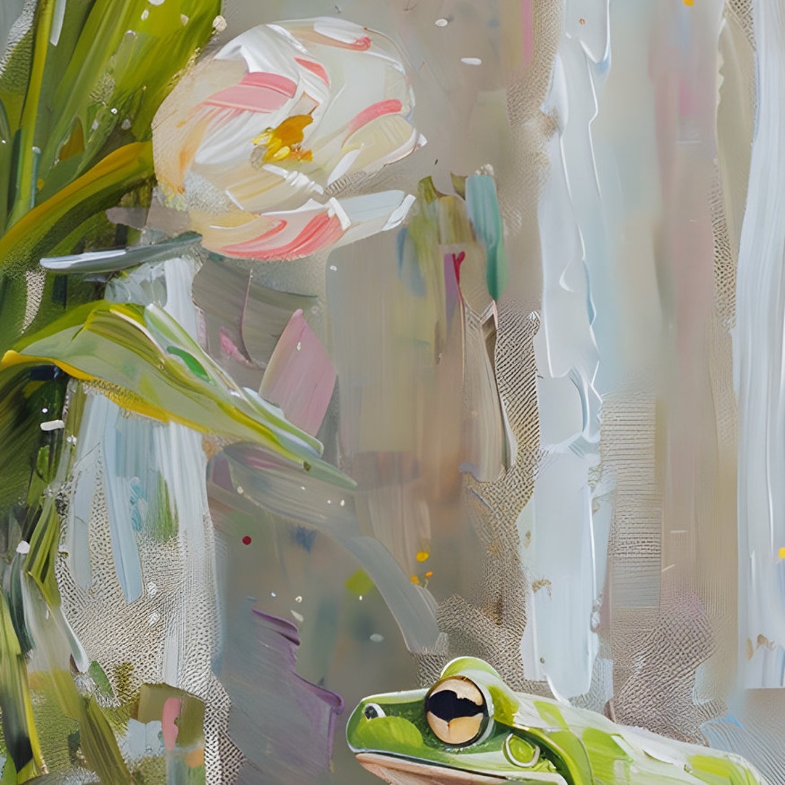 Green Frog and White Tulips Pastel Still Life Painting Art Print - Image 2