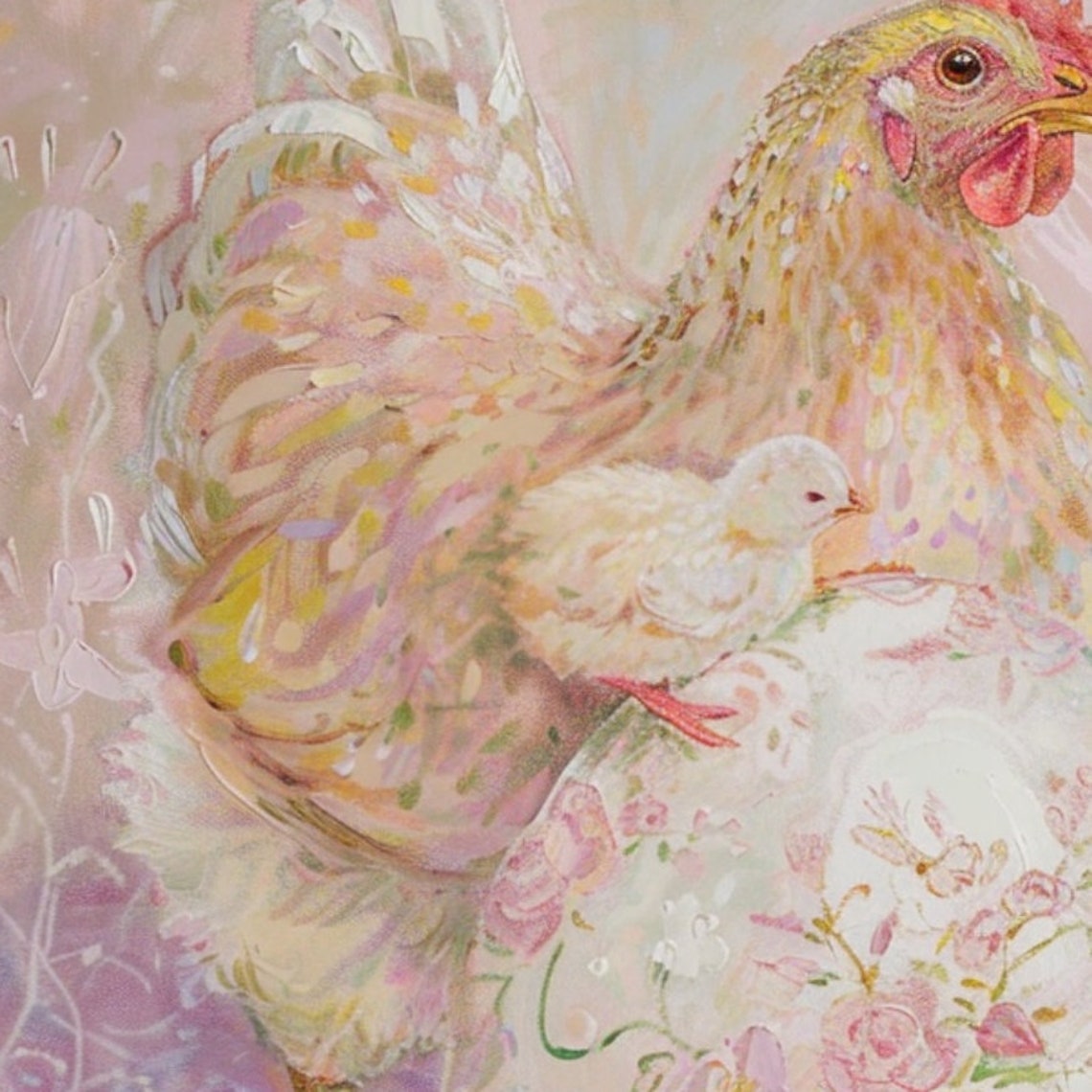 Hen with Baby Chicks and Floral Easter Egg Farmhouse Art Print - Image 3