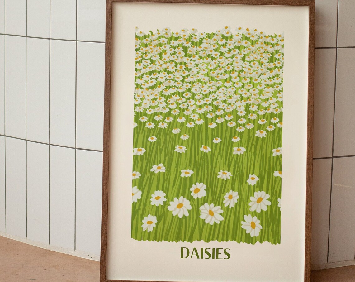 Daisies Field Wildflower Meadow Green Botanical Floral Wall Art