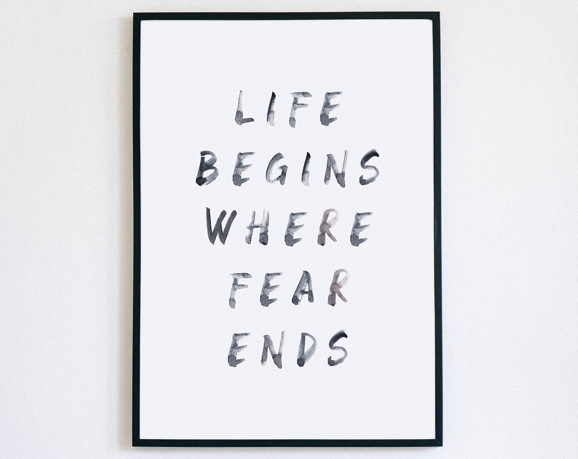 Life Begins Where Fear Ends Watercolor Typography Inspirational Poster
