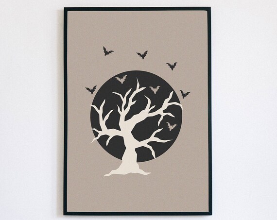 Spooky Bare Tree Black Moon Bats Minimalist Halloween Art Poster