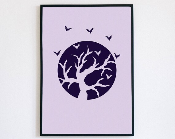 Purple Moon Spooky Tree Bats Halloween Night Sky Wall Poster