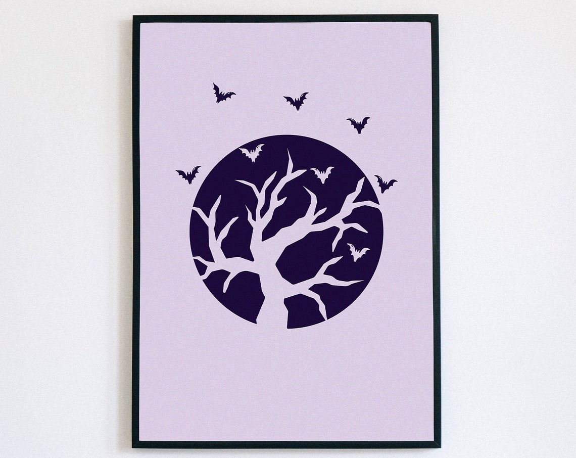Purple Moon Spooky Tree Bats Halloween Night Sky Wall Poster