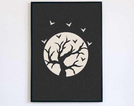 Full Moon Spooky Tree Silhouette Bats Halloween Night Poster