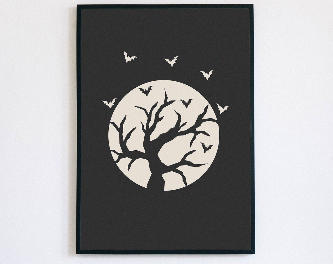 Full Moon Spooky Tree Silhouette Bats Halloween Night Poster