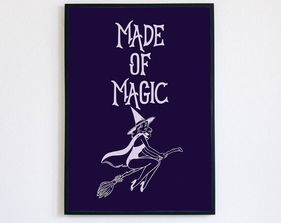 Made of Magic Witch on Broomstick Purple Line Art Halloween Poster