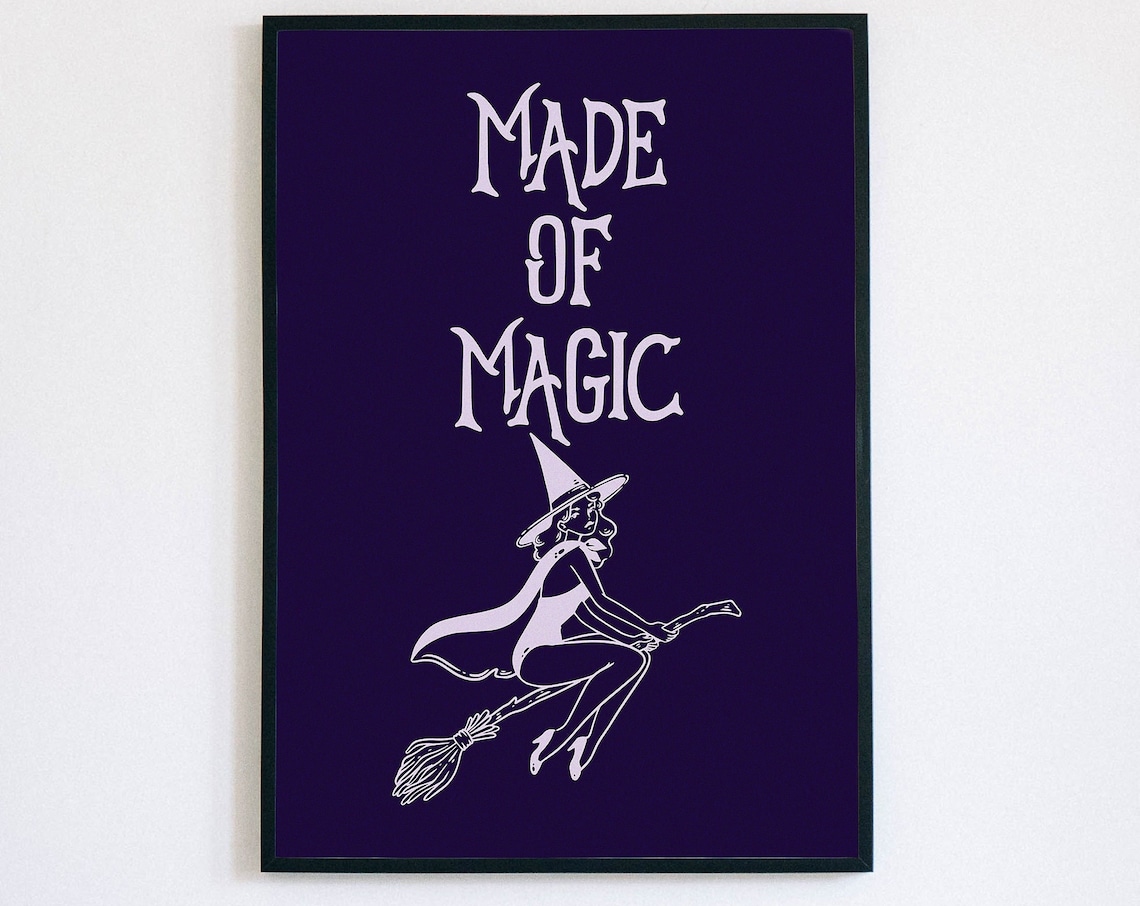 Made of Magic Witch on Broomstick Purple Line Art Halloween Poster