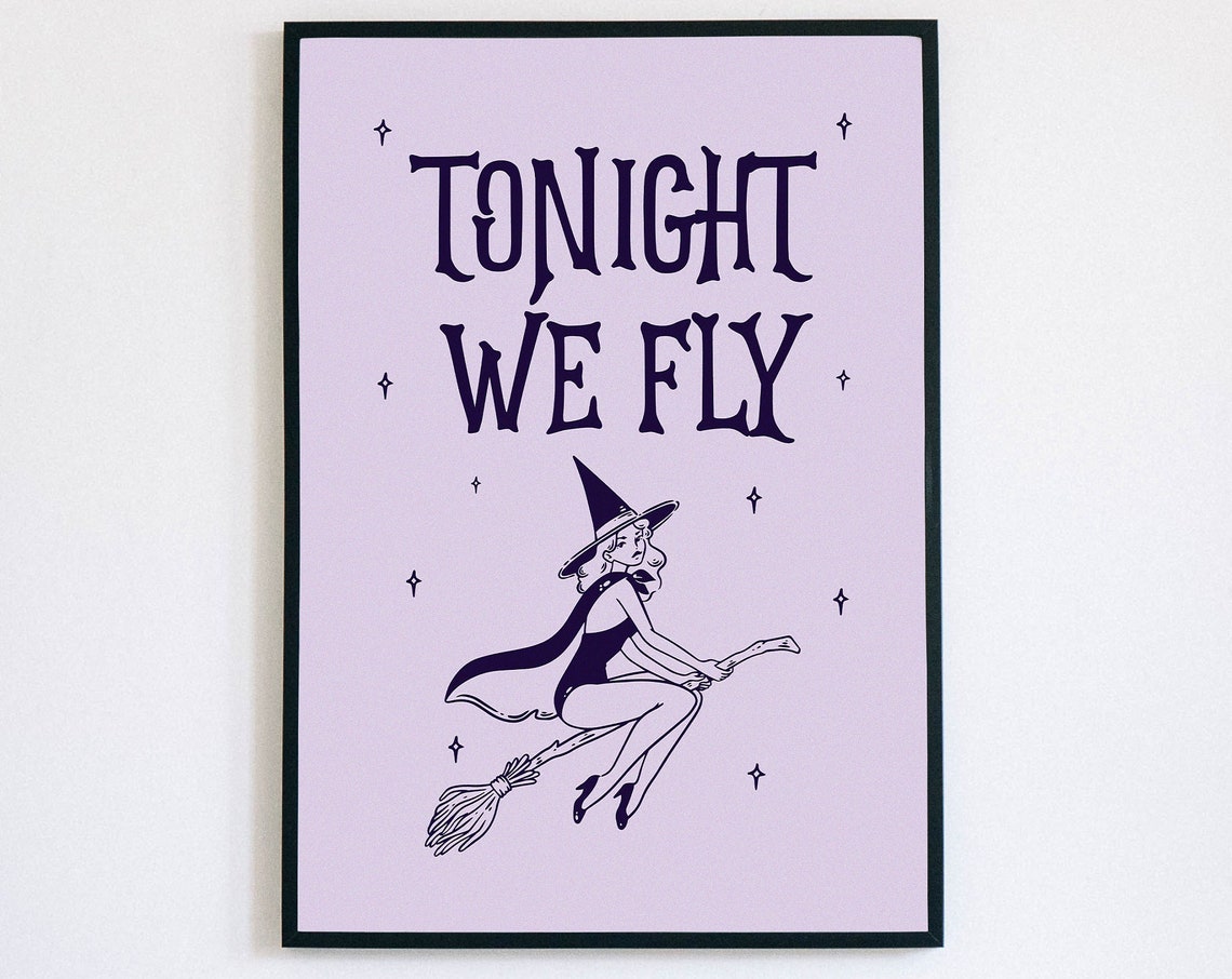 Tonight We Fly Retro Witch Broom Halloween Quote Wall Poster