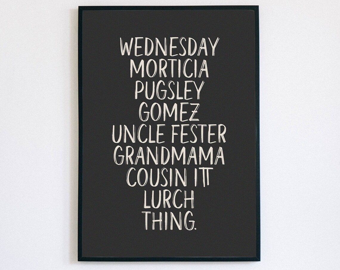Addams Family Character Names Halloween Spooky Typography Poster