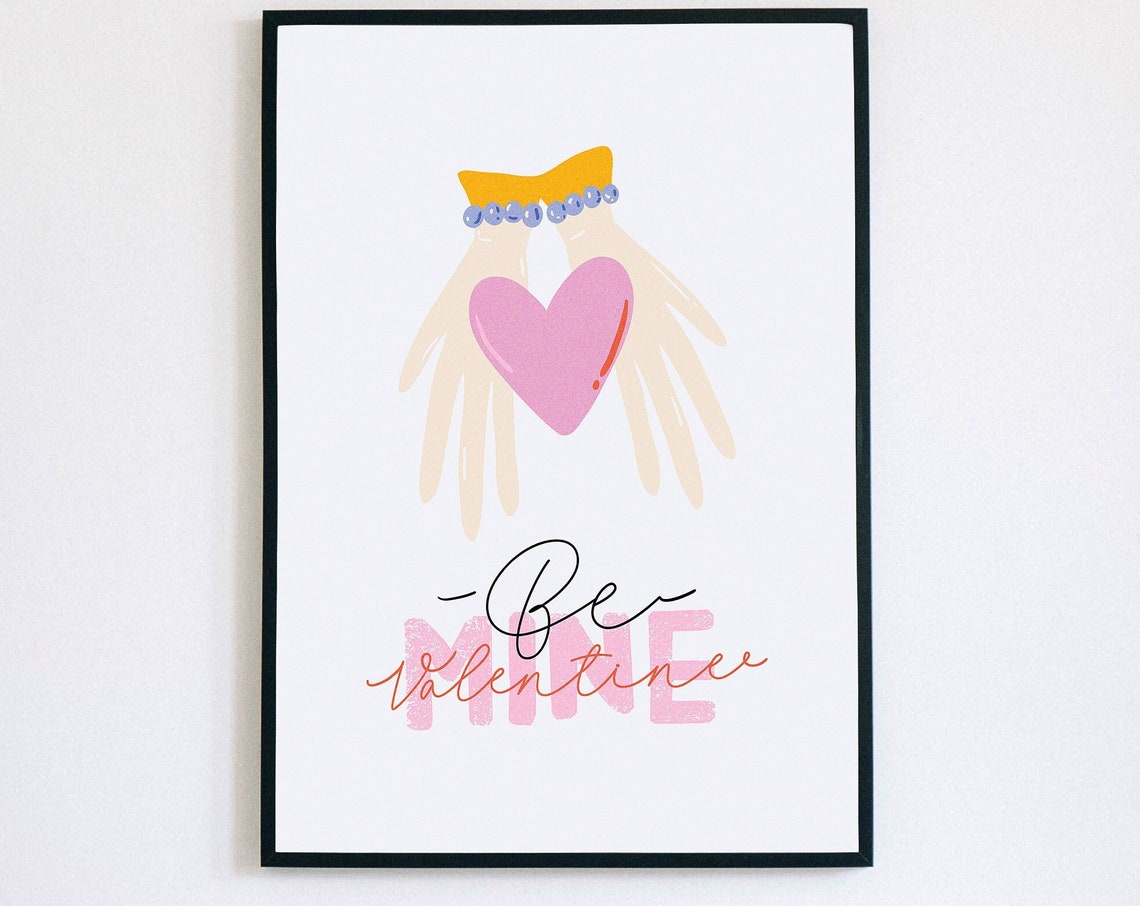 Be Mine Valentine Retro Hands Holding Heart Pink Love Poster