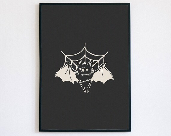 Cute Bat Resting on Spiderweb Monochrome Halloween Art Wall Poster