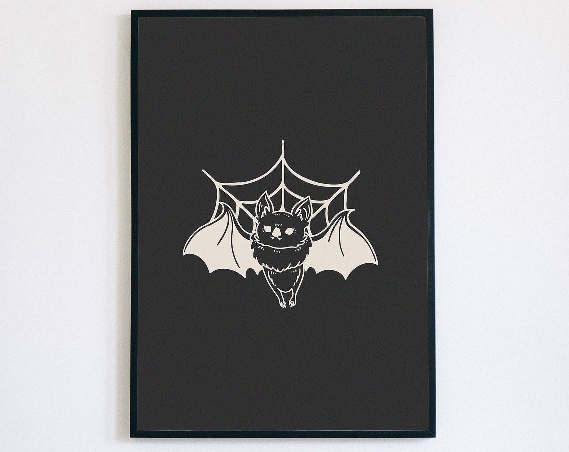 Cute Bat Resting on Spiderweb Monochrome Halloween Art Wall Poster