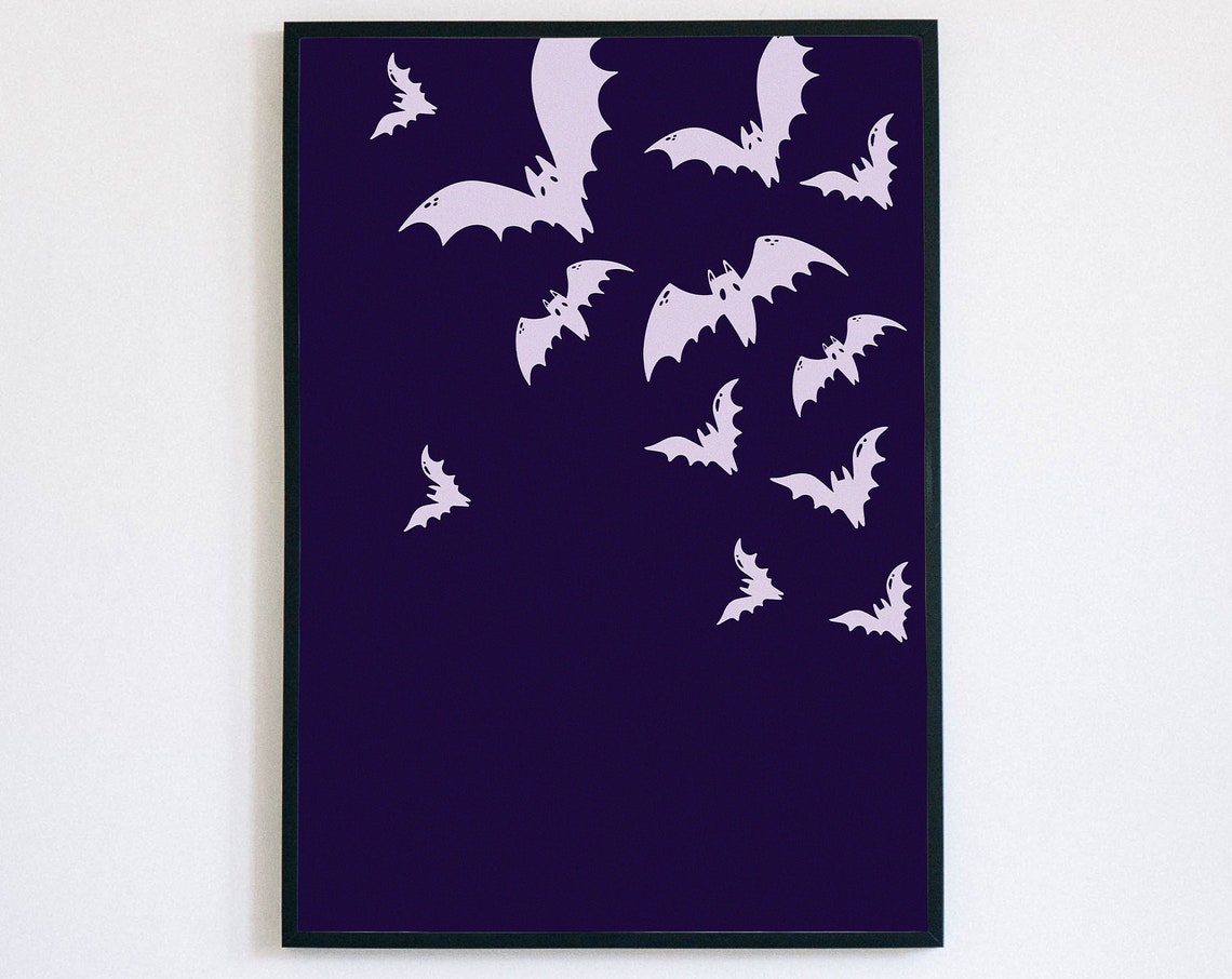 Flying Bats Silhouette Halloween Print Dark Purple Spooky Wall Decor