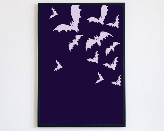 Flying Bats Silhouette Halloween Print Dark Purple Spooky Wall Decor
