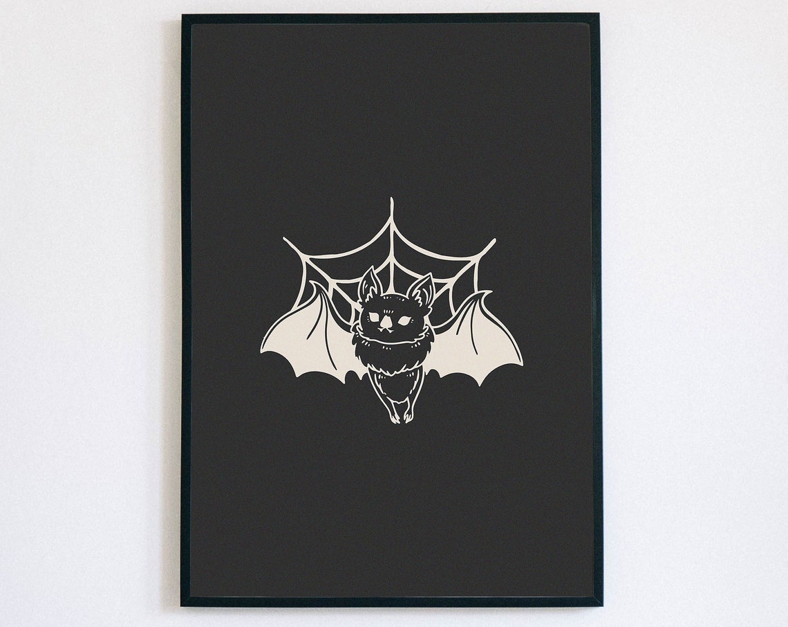 Smiling Bat Spiderweb Cute Halloween Illustration Wall Poster