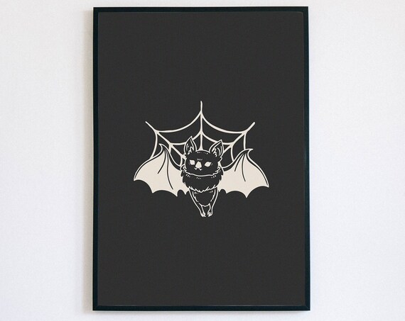 Smiling Bat Spiderweb Cute Halloween Illustration Wall Poster