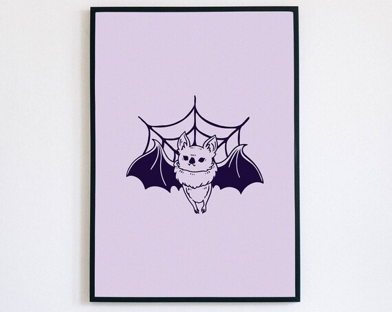 Cute Bat Spiderweb Halloween Print Pastel Purple Kids Spooky Wall Decor