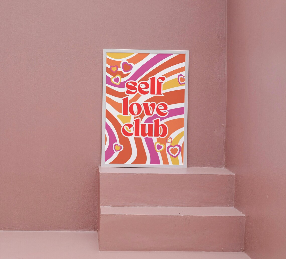 Self Love Club Retro 70s Groovy Hearts Psychedelic Swirl Poster