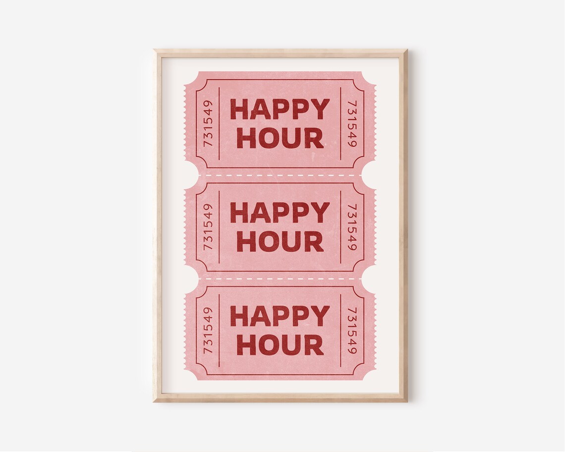 Happy Hour Pink Retro Ticket Stub Bar Cart Decor Maximalist Poster - Image 2
