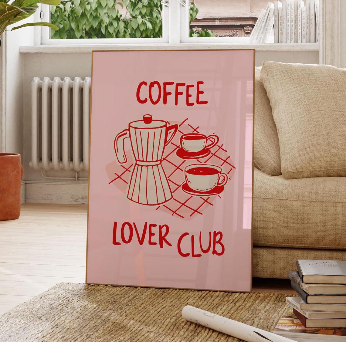 Coffee Lover Club Retro Pink Kitchen Poster with Moka Pot Art