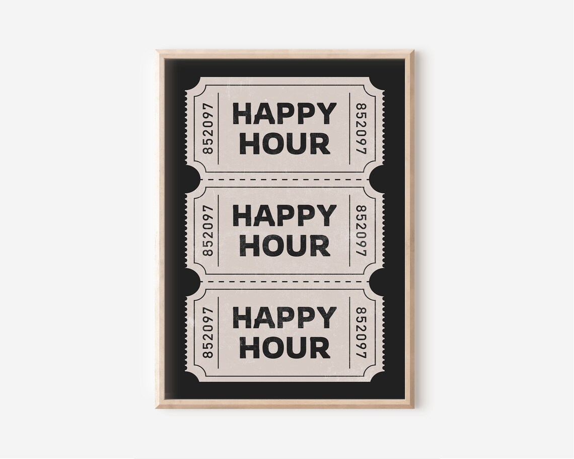 Happy Hour Beige Black Retro Ticket Stub Bar Cart Decor Quote Poster - Image 3