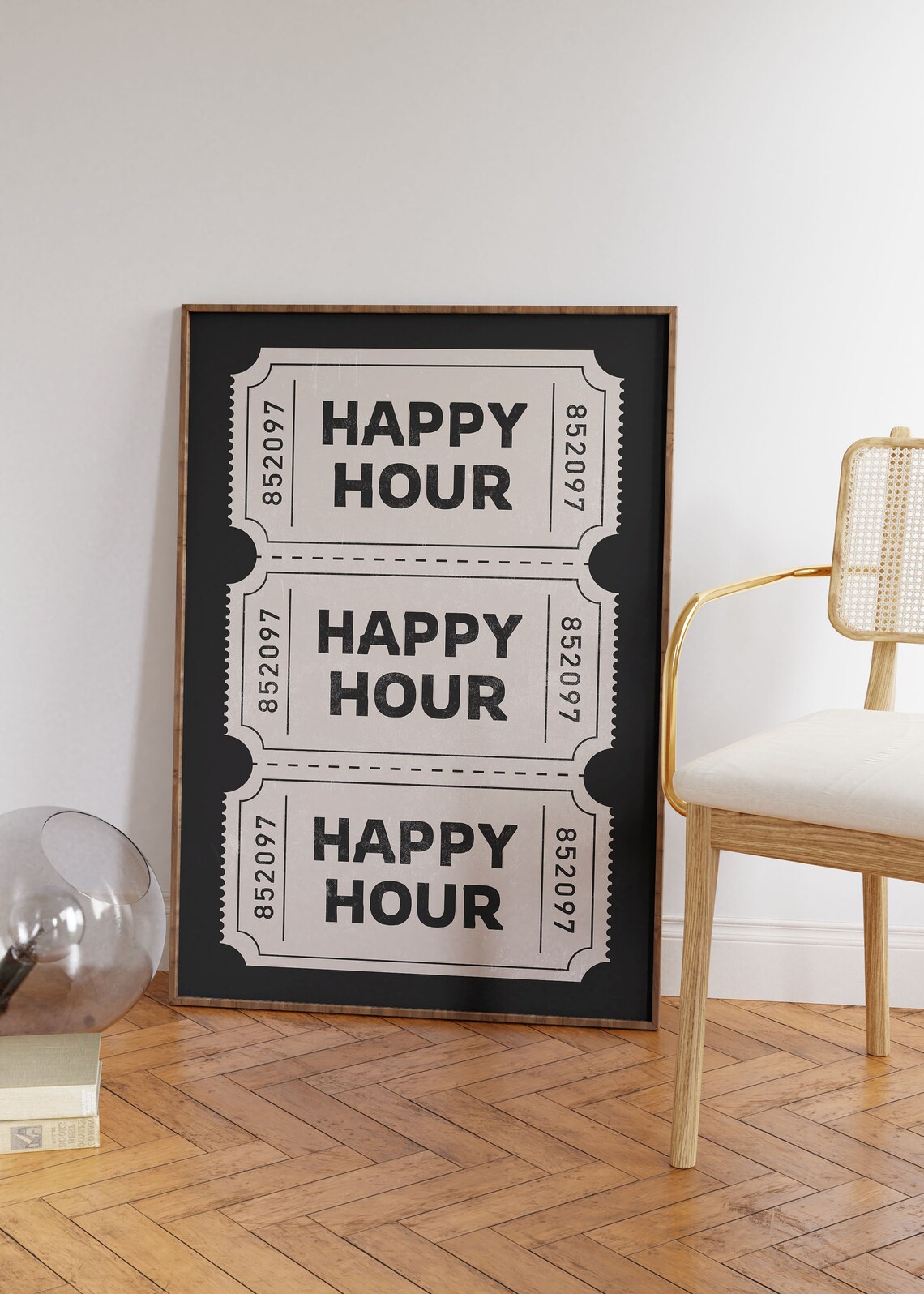 Happy Hour Beige Black Retro Ticket Stub Bar Cart Decor Quote Poster