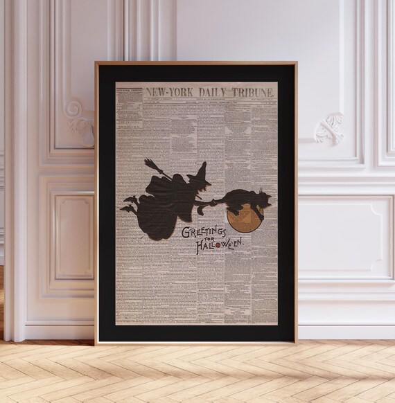 Witch and Cat Flying Over Vintage Newspaper Halloween Art Poster