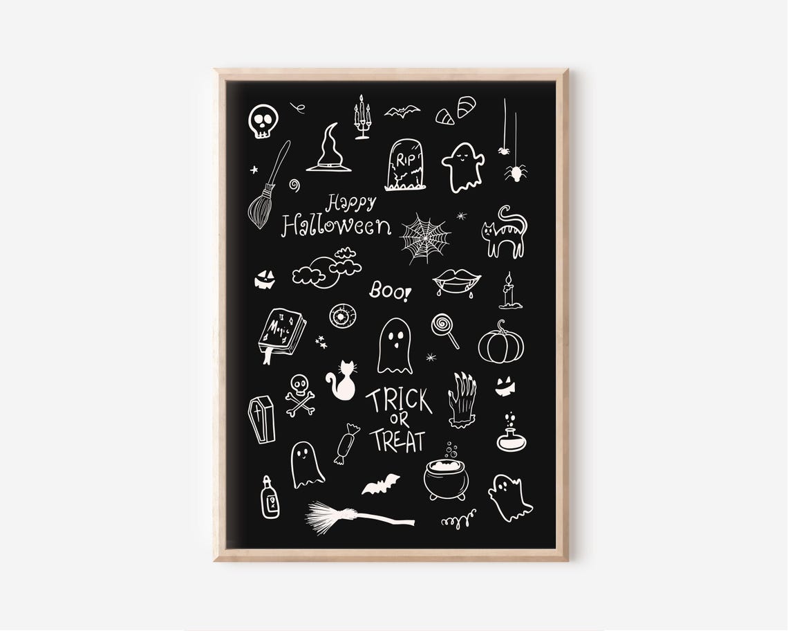 Black Happy Halloween Doodle Poster with White Ghosts and Bats - Image 2