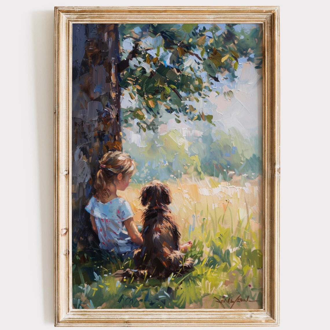 Vintage Girl and Dog Under Tree, Nursery Art Print